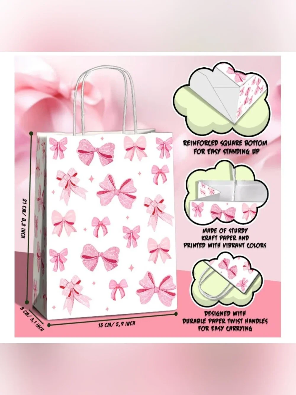 24 Pcs Pink Bow Party Favors Bags with Handles